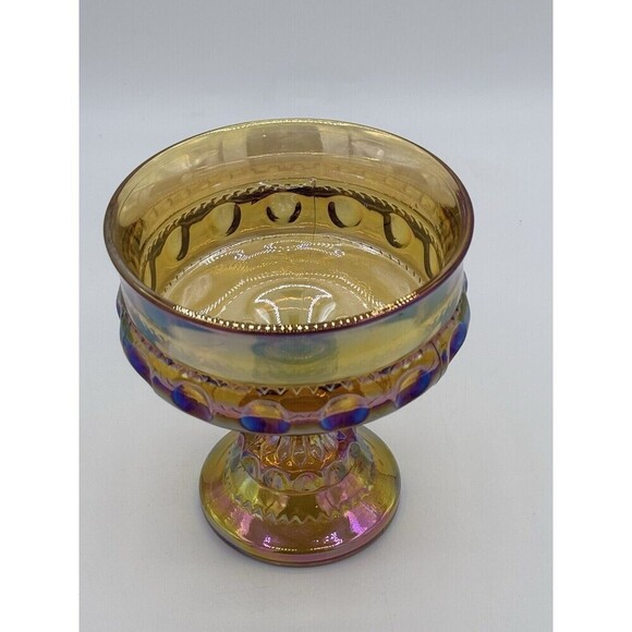 Kings Crown Indiana IRIDESCENT AMBER MARIGOLD Carnival Glass Candy Dish Compote - Picture 3 of 9